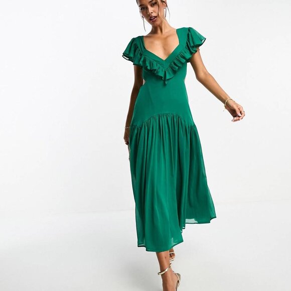 ASOS DESIGN flutter sleeve ruffle midi dress with open back in forest green - Picture 1 of 3